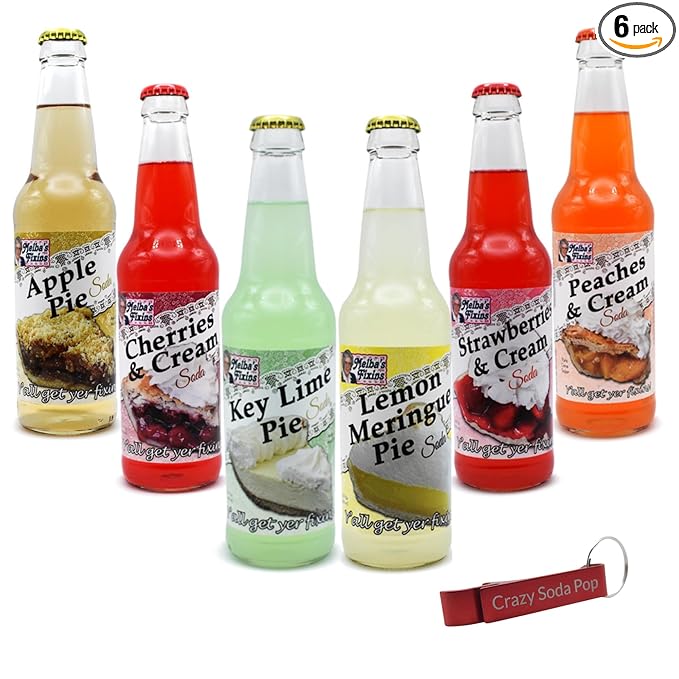Generic Melba's Fixins Soda | 6 Pack of Unique Pie Flavored Soda Pop with Real Cane Sugar | 12 oz Glass Bottles in a Mixed 6 Pack Sampler with Crazy Soda Pop Bottle Opener