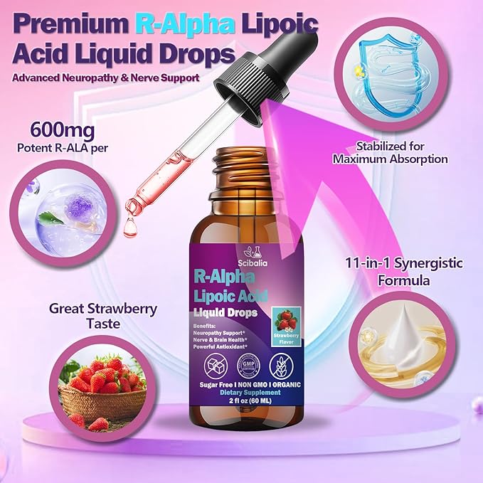 R Alpha Lipoic Acid 600mg Liquid Drops for Neuropathy Advanced 11-in-1 Stabilized R-ALA Supplement w. Benfotiamine Acetyl L-Carnitine Vitamin C E for Antioxidant Nerve Brain Energy Health Non GMO