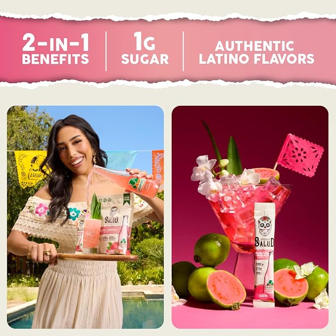 Salud x Jarritos 2-in-1 Hydration Packets + Immunity Electrolytes Powder Guava - Agua Fresca Drink Mix Elderberry Dairy &amp Soy Free Non-GMO Gluten Free Vegan 1g Sugar (15 Servings)
