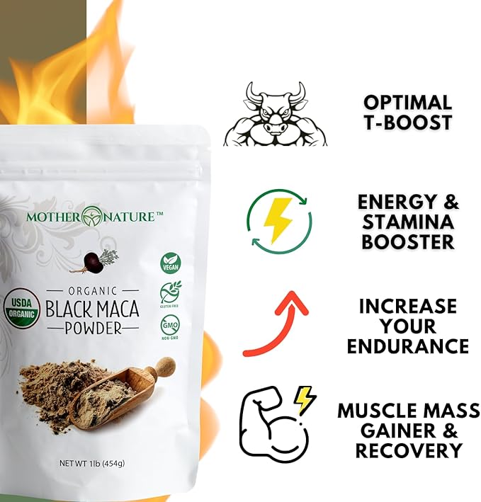 Black Maca Root Powder - Organic Peruvian Maca for Men - Strength Endurance &amp Performance Support - Raw Non-GMO USDA Certified - 16oz Bulk Supply