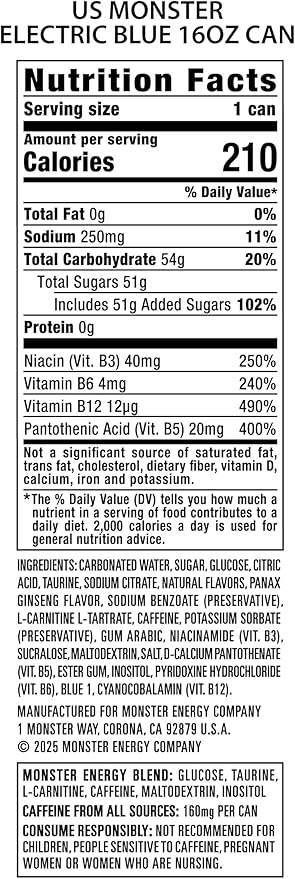 Monster Energy Electric Blue Energy Drink 16 Ounce (Pack of 15)