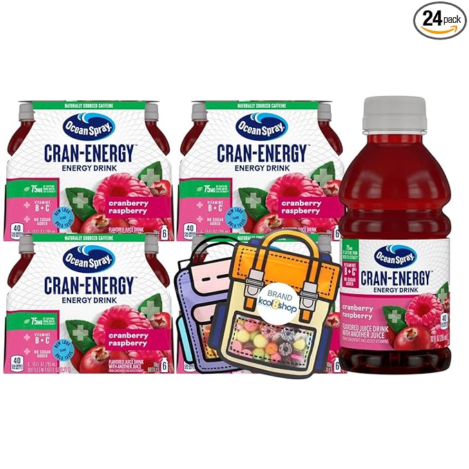 Ocean Spray Energy Cranberry Raspberry Juice Drink 10 fl oz Plastic Bottles 24 Pack + 2 Reusable Snack Bags by KOOL8SHOP Infinite Deals