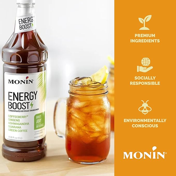 Monin - Energy Boost Liquid Energy Supplement Subtle Tea Flavor Zero Added Sugar Great for Coffee Soda &amp More Low-Calorie Contains Natural Caffeine Gluten-Free Clean Label (1 Liter + Pum