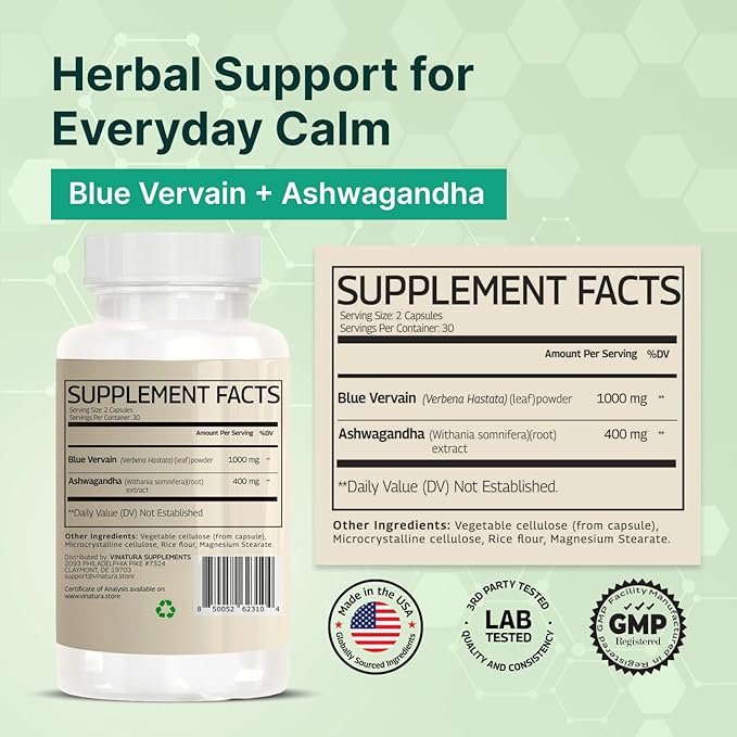 VINATURA Blue Vervain Advanced with Ashwagandha - 1400mg per serv Blue Vervain Capsules Blue Vervain Tea Alternative Brain Health Stress Relief Ashwagandha Supplements - 60 Capsules