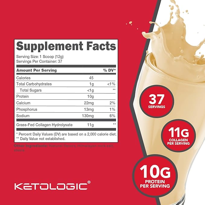 Ketologic Grass Fed Collagen Hydrolysate Powder (Vanilla) (1 LB) - 37 Servings 11 G Collagen Per Serving 10 G Protein Per Serving - Grass-fed Collagen Peptides