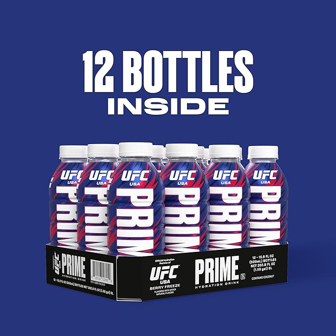 PRIME Hydration UFC Sports Drinks Electrolyte Enhanced for Replenishing Fluids 250mg BCAAs B Vitamins Antioxidants Low Sugar 16.9 Fl Oz 12 Pack