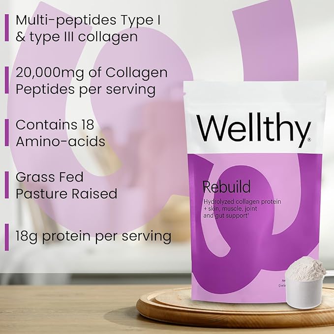 Wellthy Collagen Peptides Protein Powder - Grass Fed Hydrolyzed Collagen for Hair Growth Skin Nails Gut and Joint Support - 20000mg Collagen &amp 18g Protein | Unflavored (15 Servings)