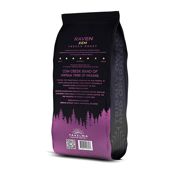 Takelma Roasting Co. Ground Xem Raven French Roast Bold and Intense Flavor Notes of Dark Chocolate100% Arabica Beans For Espresso and Drip Coffee Makers 2 lbs.