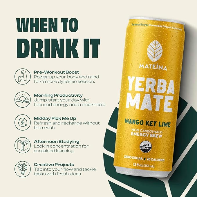 Mateina Yerba Mate Zero Sugar Energy Drink – 120mg Natural Caffeine – Organic Non-GMO Non-Carbonated – Dr. Andrew Huberman Recommended – (12 fl oz Cans 12 Pack) Mango Key Lime
