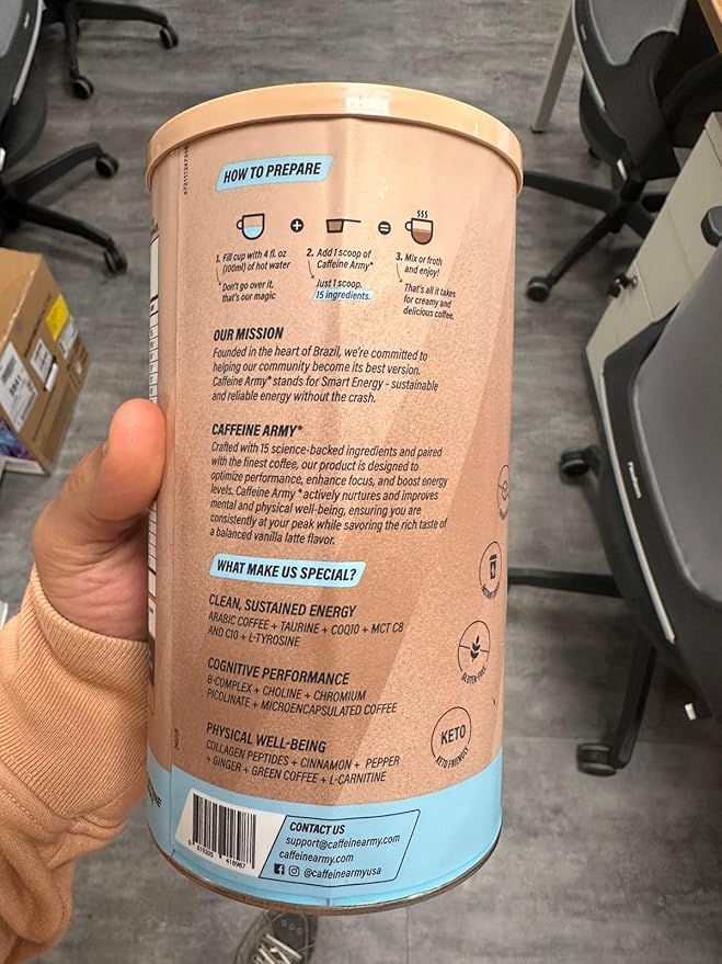 CAFFEINE ARMY Vanilla Latte | Functional Coffee with Collagen Peptides MCTs CoQ10 and Adaptogens: Clean Energy Supports Daily Attention No Jitters or Crash (7.8 oz 22 Servings)
