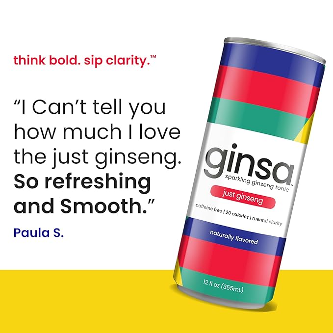 ginsa Sparkling Ginseng Energy Drink with Korean Red Ginseng | Natural Energy Booster | Non-GMO Supports Focus &amp Clarity with Pure Ginseng Root No Caffeine | 12 Pack | 12oz | Ginseng + Honey Fla