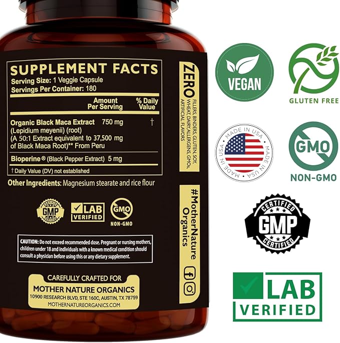 Black Maca Root 50:1 Extract 37500mg – 180 Capsules Organic Peruvian Maca Peruana Supplement for Men | High Potency Energy Mood &amp Performance Support | Vegan Non-GMO