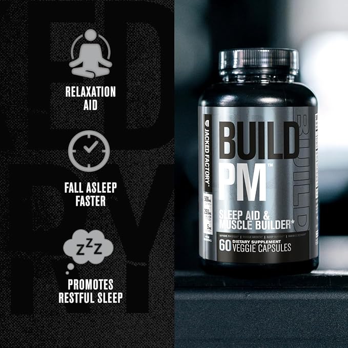 Jacked Factory Build PM Night Time Muscle Builder &amp Sleep Aid - Post Workout Recovery &amp Sleep Support Supplement w/VitaCherry Tart Cherry Ashwagandha &amp Melatonin - 60 Natural Veggie Pill