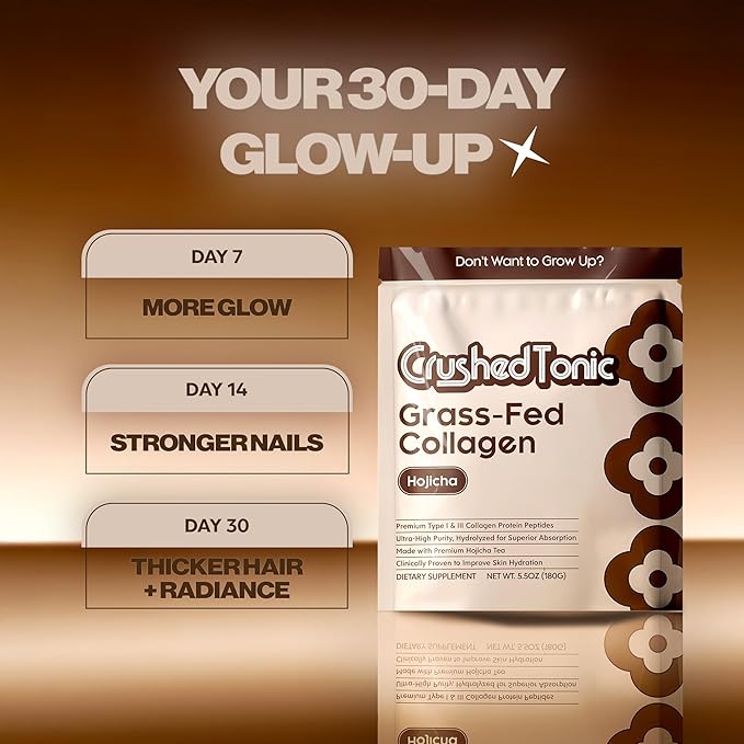 Crushed Tonic Marine Collagen Powder Korean Beauty Drink with Hydrolyzed Collagen Peptides for Skin Hair &amp Nails | Gluten-Free Halal &amp Kosher (Hojicha 30 Servings (150 g) Pouch)
