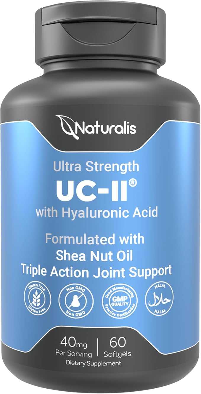 Naturalis UC-II 40 mg with Hyaluronic Acid and Shea Nut Oil | Enhanced Undenatured Type II Collagen for Better Joint Health Mobility &amp Flexibility | Gluten-Free &amp Non-GMO | 60 Softgels