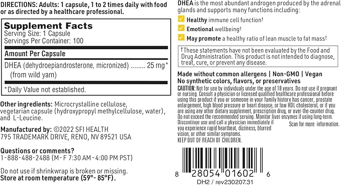 Klaire Labs SFI Health DHEA 25mg - Dehydroepiandrosterone Derived from Wild Yam - Micronized for Superior Absorption - Soy-Free Hypoallergenic Supplement for Men &amp Women (100 Capsules)