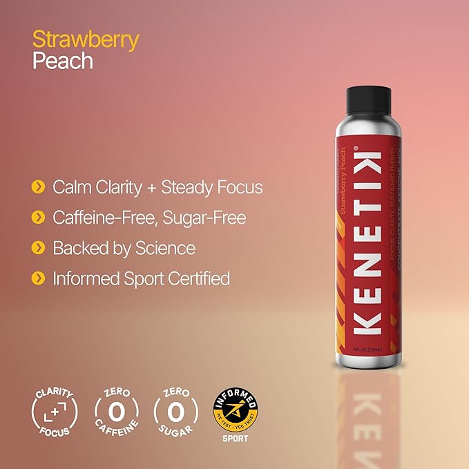 KENETIK Caffeine-Free Focus Concentrate – Brain Fuel for Mental Clarity Cognitive Endurance Sugar-Free Bioidentical Ketones (D-BHB) 4oz (4 Servings) – 3 Pack Strawberry Peach