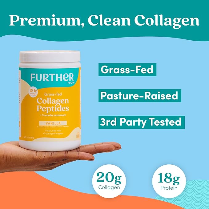 Further Food Vanilla Collagen Peptides Powder with Tremella Mushroom – 100% Grass-Fed Hydrolyzed Type 1 &amp 3 20g of Collagen per Serving Supports Skin Hair Nails &amp Joints 10.37 Oz