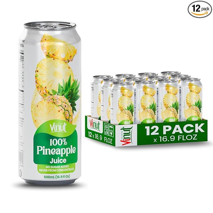 VINUT 100% Pineapple Juice No Added Sugar Not From Concentrate 16.9 fl oz (500 mL) Can Pack of 12