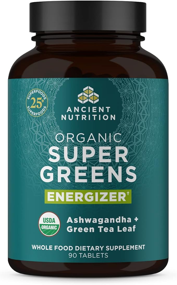 Ancient Nutrition Supergreens Energizer Tablets Organic Superfood Tablets with Caffeine Made from Real Fruits Vegetables and Herbs for Digestive and Energy Support 90 Count