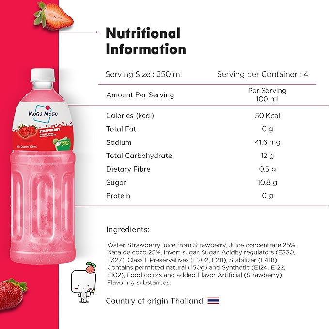 Mogu Mogu Strawberry Juice with 25% Nata De Coco 1000ml (12 Pack)
