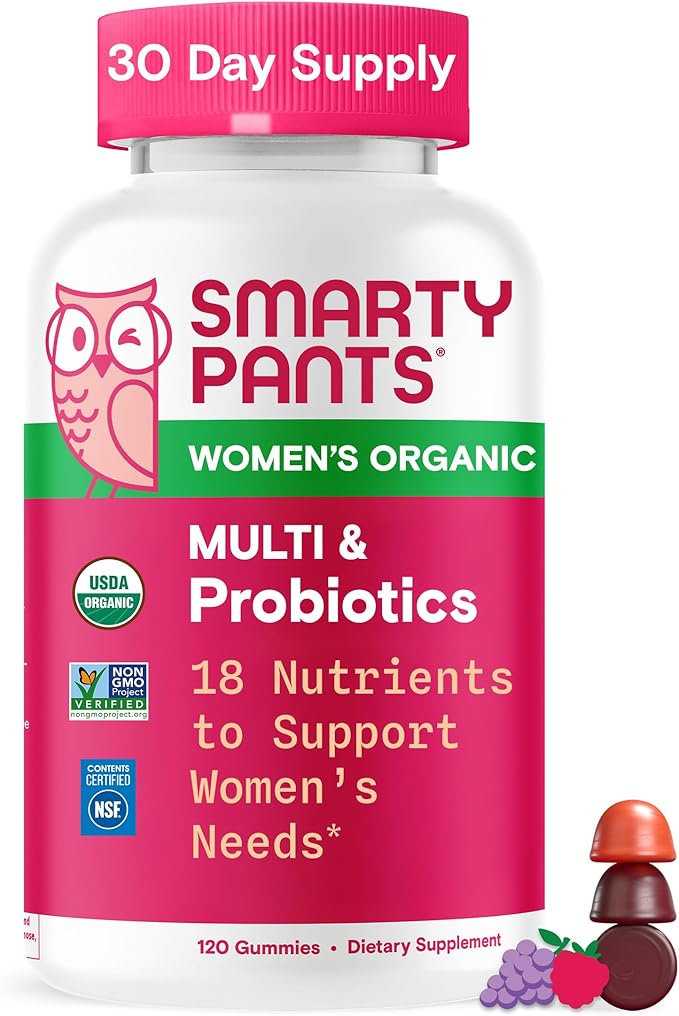 SmartyPants Organic Women's Multivitamin Gummies: Biotin Probiotics Methylfolate Omega 3 (ALA) Vitamin D3 C Vitamin B12 B6 A K &amp Zinc Inositol Gluten Free 120 Count (30 Day Supply)