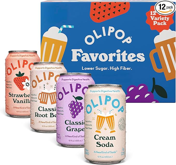 OLIPOP Prebiotic Soda Pop Favorites Variety Pantry Pack Packed with Prebiotics Fiber and Botanicals Gluten Free GMO Free 12oz (12-Cans)