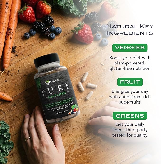 KaraMD Pure Nature | Greens Fruit and Veggies Supplement | Vitamins Fiber &amp Antioxidants | 20 Fruits and Vegetables Supplements for Energy &amp Digestion | Gluten Free &amp Vegan Friendly (30