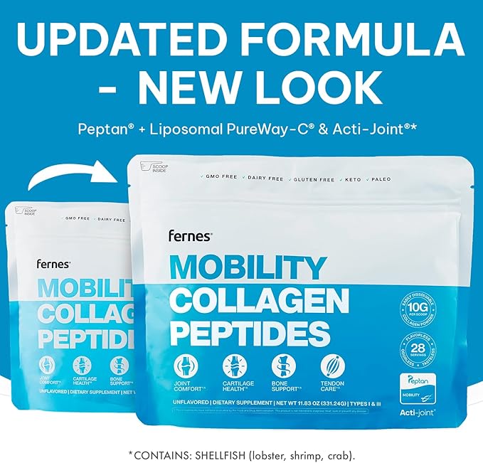 Mobility Collagen Peptides Powder - Glucosamine Chondroitin Hyaluronic Acid &amp Liposomal Vitamin C Joint Bone &amp Cartilage Support Grass-Fed Type I &amp III Keto &amp Paleo 28 Servings 11.8