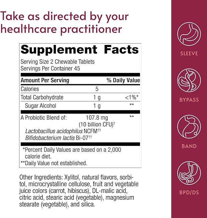 Bariatric Advantage Chewable FloraVantage Probiotic - 10 Billion CFUs - Probiotic Supplement - Supports Gut Health &amp Immune System* - Vegetarian &amp Gluten-Free - Grape Flavor - 90 Count