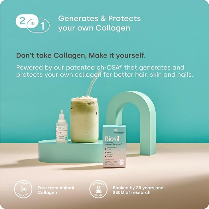 Biosil Collagen Booster Supplement - 1 fl oz Drops - Patented ch-OSA Activator for Skin Hair Nails &amp Joints - Supports Natural Production - 60-Day Supply