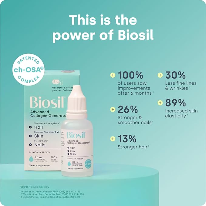 Biosil Collagen Booster Supplement - 1 fl oz Drops - Patented ch-OSA Activator for Skin Hair Nails &amp Joints - Supports Natural Production - 60-Day Supply