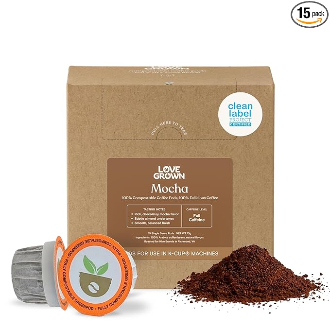 Love Grown Plastic-Free Coffee Pods 100% Arabica Single-Serve Cups Compostable Non-GMO - Compatible with Keurig Coffee Pods Machines and K-Cup Brewers Mocha Flavor Box of 15