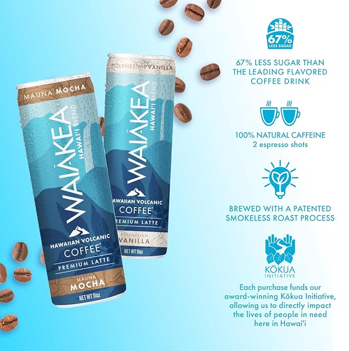 Waiakea Hawaiian Volcanic Coffee | Polynesian Vanilla Ready to Drink Canned Coffee 11oz | 12 Pack