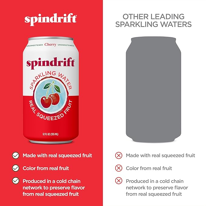 Spindrift Sparkling Water Cherry Flavored Made with Real Squeezed Fruit 12 Fl Oz Cans Pack of 24 (Only 21 Calories per Can)