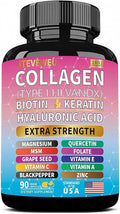 Collagen Supplement - Type I II III V and X - with Biotin Keratin Hyaluronic Acid &amp 13+ Extra Strength Ingredients - （90 Capsules）