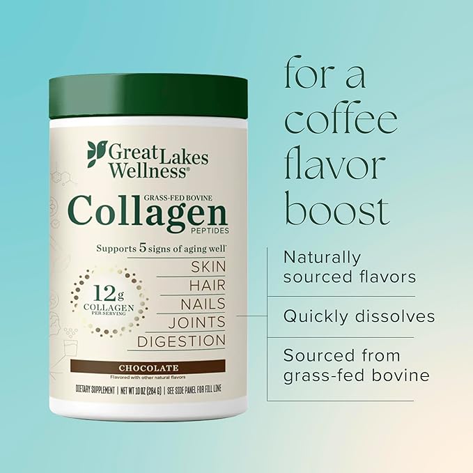 Great Lakes Wellness Collagen Peptides Powder for Skin Hair Nails Joints &amp Digestion - Chocolate Flavored - Quick Dissolve Hydrolyzed Non-GMO Kosher - 10 oz