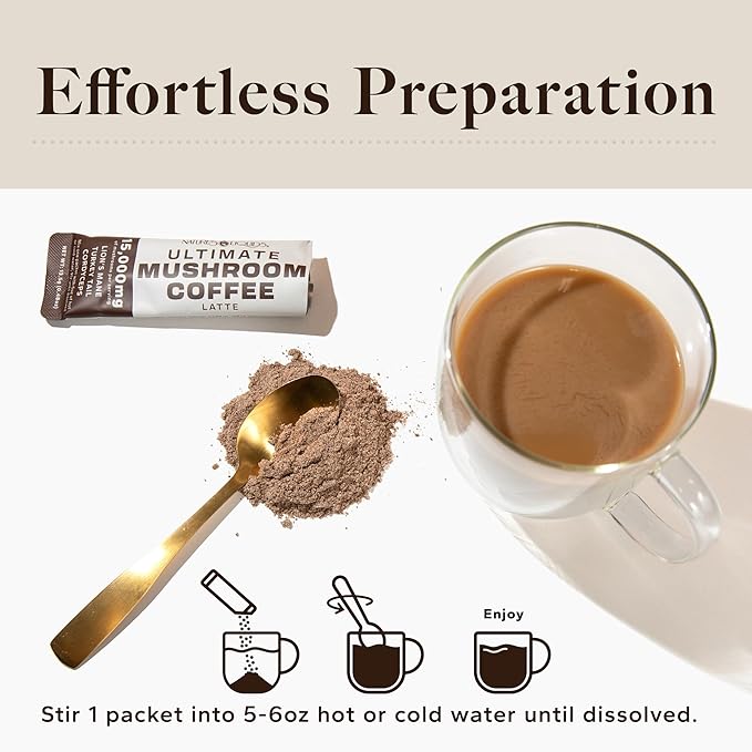 Nature's Liquids Ultimate Mushroom Coffee Latte - 15000 mg Organic Fruiting-Body Mushrooms per Serving - Lion's Mane Turkey Tail Cordyceps - Focus &amp Immune Support - 30 Stick Packs