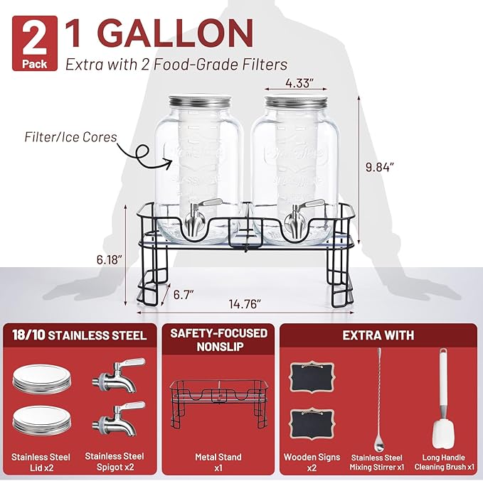 KIKCOIN 1 Gallon Glass Drink Dispensers for Parties 2 Pack Leakproof Beverage Dispenser with Stand &amp 18/10 Stainless Steel Spigot &amp Filter -for Lemonade Juice Sun Tea Punch- ALL DISHWASHER