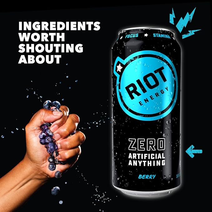 RIOT Clean Energy Drink – Berry | No Sucralose No Sugar Added No Artificial Flavors | 160mg Natural Caffeine + 100mg L-Theanine | Clean Focus Stamina &amp Smooth Energy | 16 Fl Oz (Pack of 12)