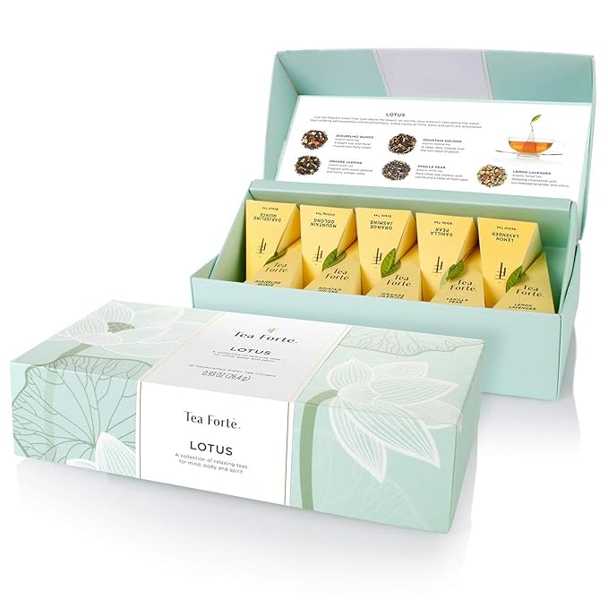 Tea Forte Premium Petite Presentation Box Gift Set Sampler 10 Count 2 of Each Blend Individually Wrapped Handcrafted Pyramid Infuser Bags Lotus Tea