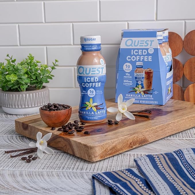 Quest Nutrition Iced Coffee Vanilla Latte 1g of Sugar 10g of Protein 90 calories 200mg of caffeine 12 Count