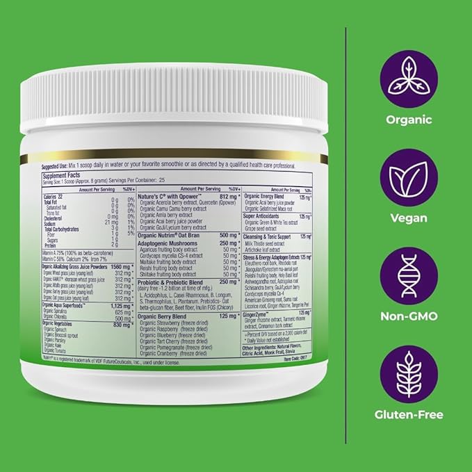 Paradise Herbs ORAC Energy Greens Apple Superfood Powder Over 40000 ORAC Antioxidants Organic Greens Berries Mushrooms &amp Probiotics Non-GMO Gluten-Free 25 Servings