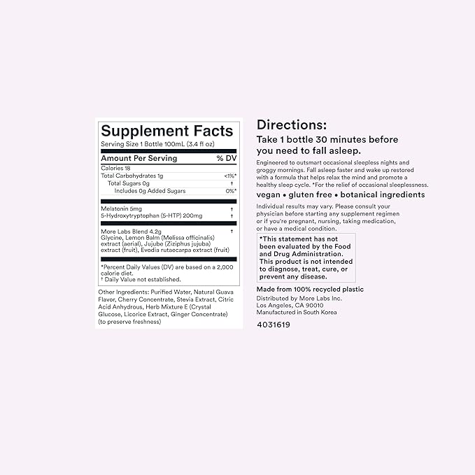 More Labs Dream Well 5MG Melatonin Holistic Sleep Drink Solution Non-Habit Forming with 5HTP Lemon Balm Jujube Seed Glycine (Pack of 24)