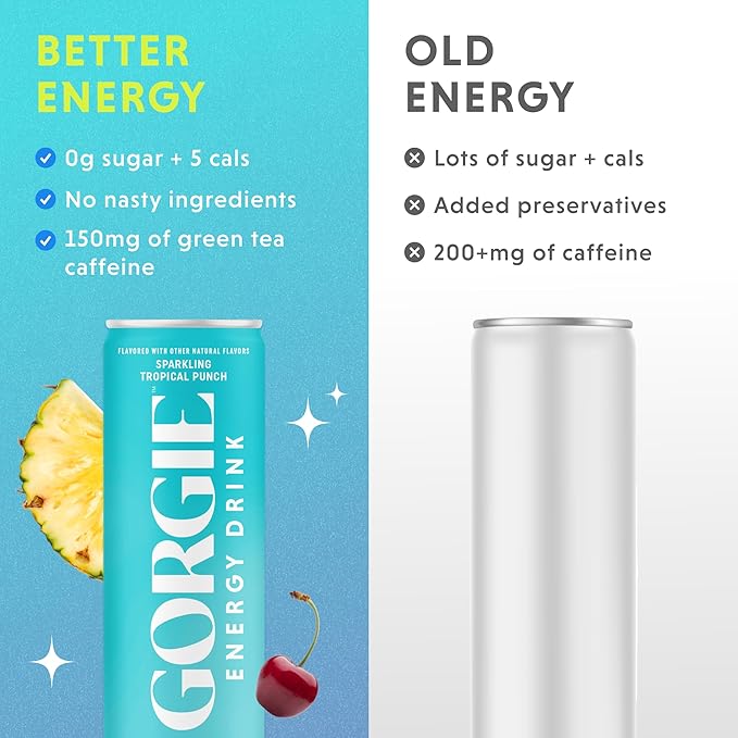 GORGIE Tropical Variety Sugar-Free Natural Energy Drink Sparkling Healthy Energy Drinks - Green Tea Biotin B Vitamins -150mg Caffeine Vegan &amp Low Calorie (Pack of 12)