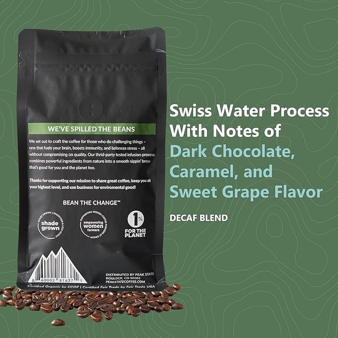 Peak State Calm Descent Decaf – Organic Mushroom Coffee with Benefits Low Acid and Smooth Dark Chocolate Caramel and Sweet Grape Notes Whole Bean Gluten Free 12 oz
