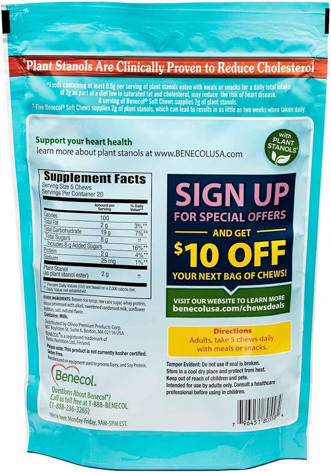 Benecol® Soft Chews – New Easy Bite Chew – with Plant Stanols Clinically Proven to Help Lower Cholesterol – Chocolate Flavor – 100 Count Pouch
