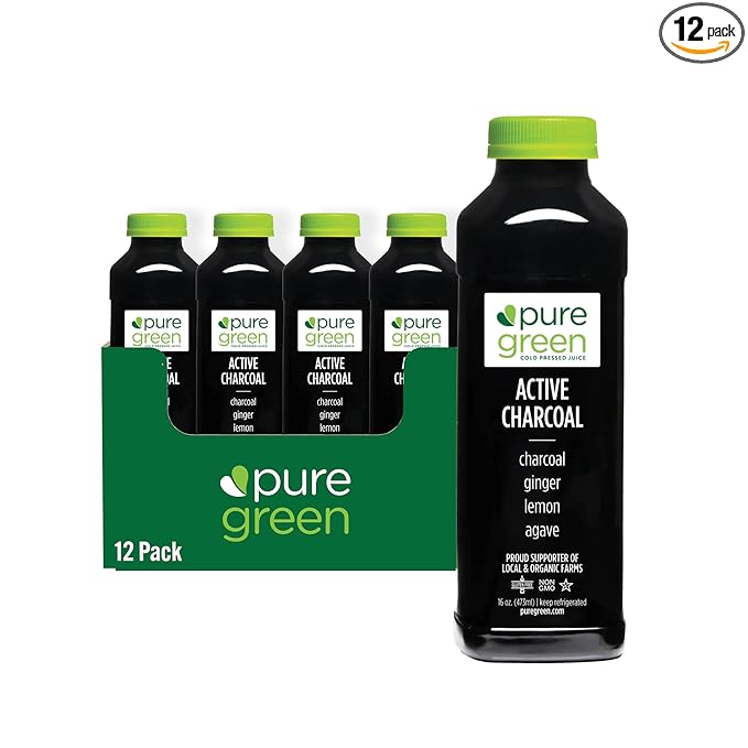 Pure Green Cold Pressed Juice - Active Charcoal - Fresh Functional Blend with Charcoal Ginger Lemon Agave - Natural Gluten Free Non-GMO No Artificial Colors or Flavors - Made from Real Fruits &a