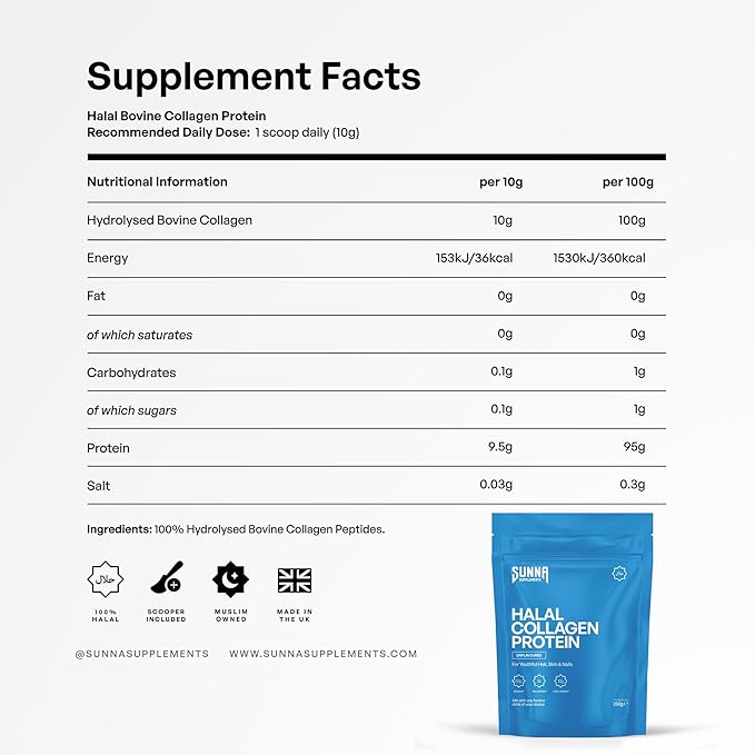 SUNNA SUPPLEMENTS Grass-Fed Halal Collagen Powder - Type I &amp III Hydrolyzed Bovine Peptides for Joint Skin Hair &amp Nail Support - High Protein Gluten-Free Keto &amp Paleo Friendly - Unflav