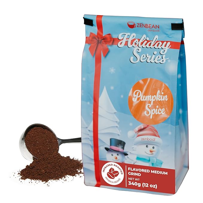 ZENBEAN Holiday Series Flavored Coffee Bundle - Pumpkin Spice Holiday Blend and Peppermint Mocha - Medium Grind Infrared Roasted Arabica Coffee Low Acid with Rhodiola Rosea and L-Theanine